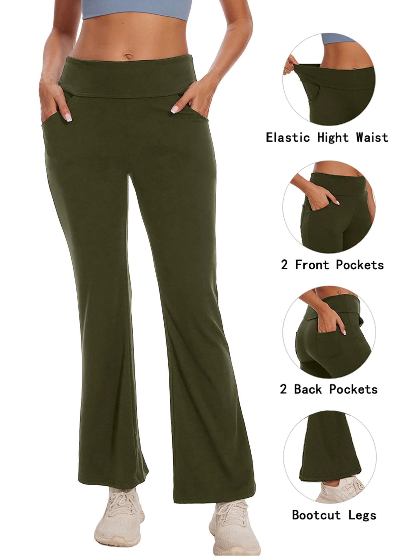Womens Bootcut Yoga Pants with Pockets Flare Workout Legging High Waist Lightweight Bottoms Activewear Green M
